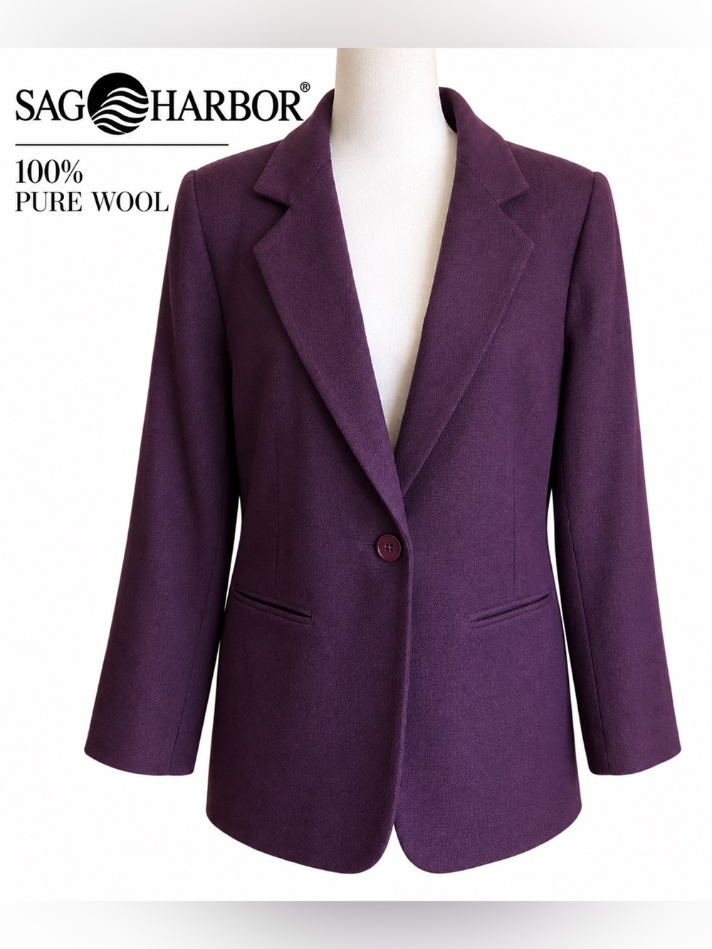 Sag Harbor Deep Purple 100% Pure Wool Single-Button Blazer